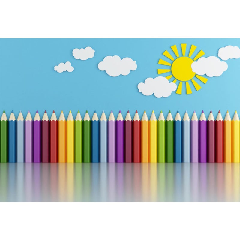 Baocicco 9x6ft Vinyl Backdrop Children's Room Interior Decor Photography Background Crayon Sun Clouds Blue Background Kindergarten Activity Children's Room Wallpaper Decor Children Portrait - Image 1